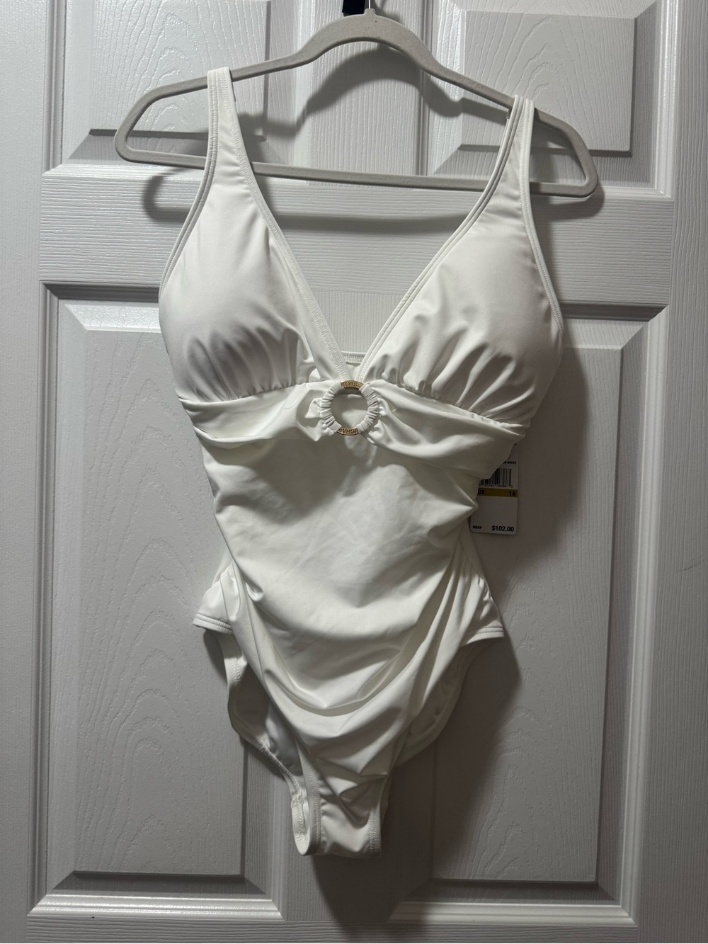 Michael Kors White One-Piece Swimsuit with Gold Ring Accent